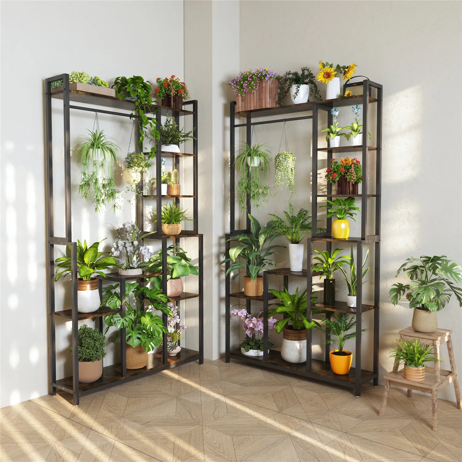 commercial hanging plant racks Industrial Plant Stand with Hanging Rail (Black/Brown)