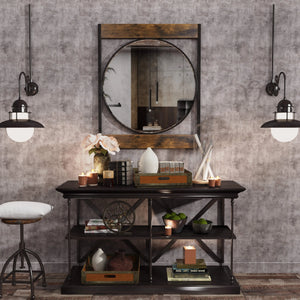 Vintage Round Mirror in Square Frame (Black & Wood Look)