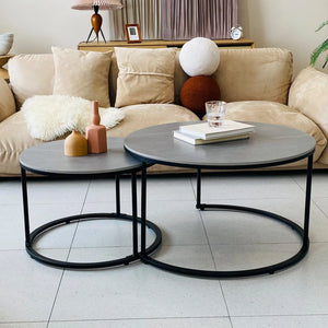 Set of 2 Round Nesting Coffee Tables – Sintered Stone & Metal (Black/Dark Grey)