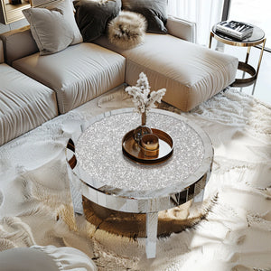 Luxury Round Mirror Coffee Table with Diamond Effect - Silver