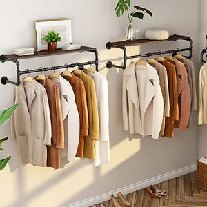 Industrial Wall-Mounted Clothes Rack with Wooden Shelf (Black & Dark Brown)